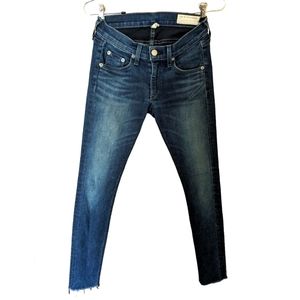 Rag & Bone dark blue stretch skinny jeans/Capri distressed/ raw hem/cuff 24"×27"